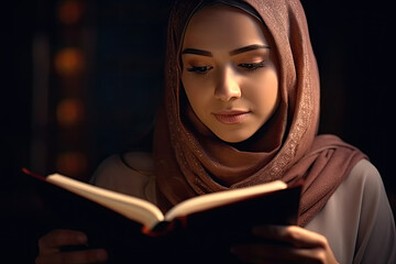 A Muslim woman wearing a hijab is holding a holy book