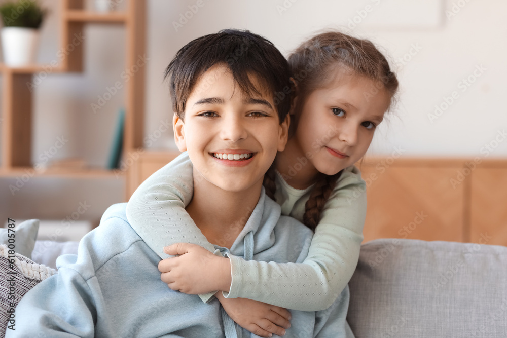Little girl hugging her brother at home