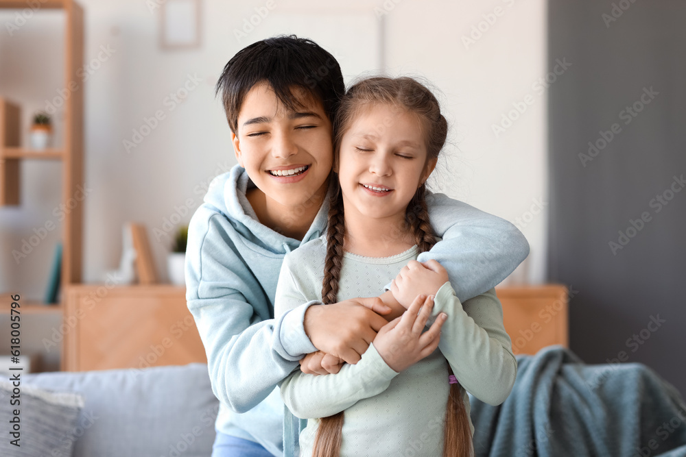 Little boy hugging his sister at home