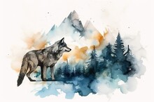 Watercolor Illustration Of A Wolf In The Mountains. Hand Drawn Watercolor Illustrationa