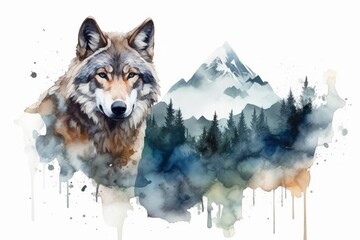 Naklejka na meble Watercolor portrait of a wolf in the mountains on a white background
