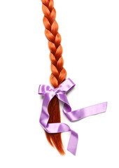 Braided ginger hair with bow on white background, closeup