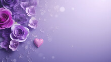 3d Rendering. Design For Mother's Day And Valentine Day Illustration. Purple Rose Flower And Heart Shape, Bokeh On Purple Background. With Copy Space.