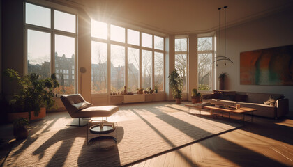 Wall Mural - Modern luxury loft apartment with comfortable armchair and bright sunlight generated by AI