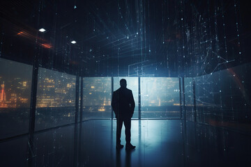 Poster - Digital graphics Futuristic 3D Concept, Big Data Center Chief Technology Officer  Standing In Warehouse, Information Digitalization Lines, technology and data, Generative AI.