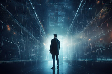 Poster - Digital graphics Futuristic 3D Concept, Big Data Center Chief Technology Officer  Standing In Warehouse, Information Digitalization Lines, technology and data, Generative AI.