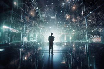 Poster - Digital graphics Futuristic 3D Concept, Big Data Center Chief Technology Officer  Standing In Warehouse, Information Digitalization Lines, technology and data, Generative AI.
