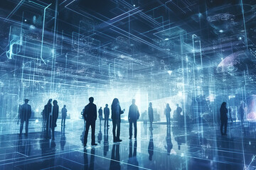 Poster - Group of business people engaged in a discussion in a modern data center, surrounded by servers. Illustrates network security and information technology management in a corporate setting