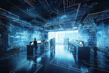 Poster - Group of business people engaged in a discussion in a modern data center, surrounded by servers. Illustrates network security and information technology management in a corporate setting
