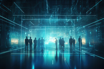 Poster - Group of business people engaged in a discussion in a modern data center, surrounded by servers. Illustrates network security and information technology management in a corporate setting