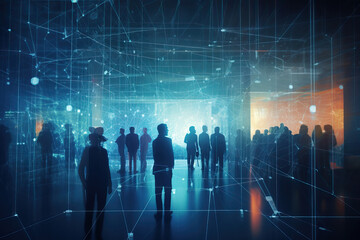 Poster - Group of business people engaged in a discussion in a modern data center, surrounded by servers. Illustrates network security and information technology management in a corporate setting