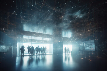 Poster - Group of business people engaged in a discussion in a modern data center, surrounded by servers. Illustrates network security and information technology management in a corporate setting