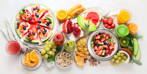 Poster - Summer fruits assorted on white background. Fresh raw food concept.