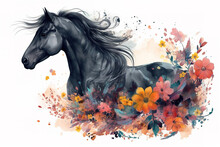 A Painting A Black Horse Head With Colorful Tropical Flowers. Wildlife Animals. Illustration, Generative AI.