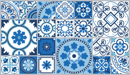 Wall Mural - Tiling Mediterranean tile abstract geometric floral patterns. Traditional Portuguese culture, in blue and white. Vector illustration