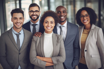 Embodying professionalism and confidence, black and white individuals strike powerful poses, symbolizing the strength and synergy of a dynamic corporate team. generative AI.