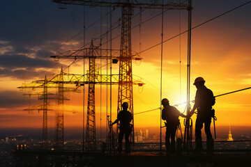Wall Mural - Silhouette workers construction the extension of high-voltage towers on blurred light