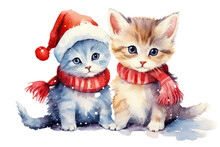 Watercolor Christmas Cute Couple Of Kittens On White Background PNG