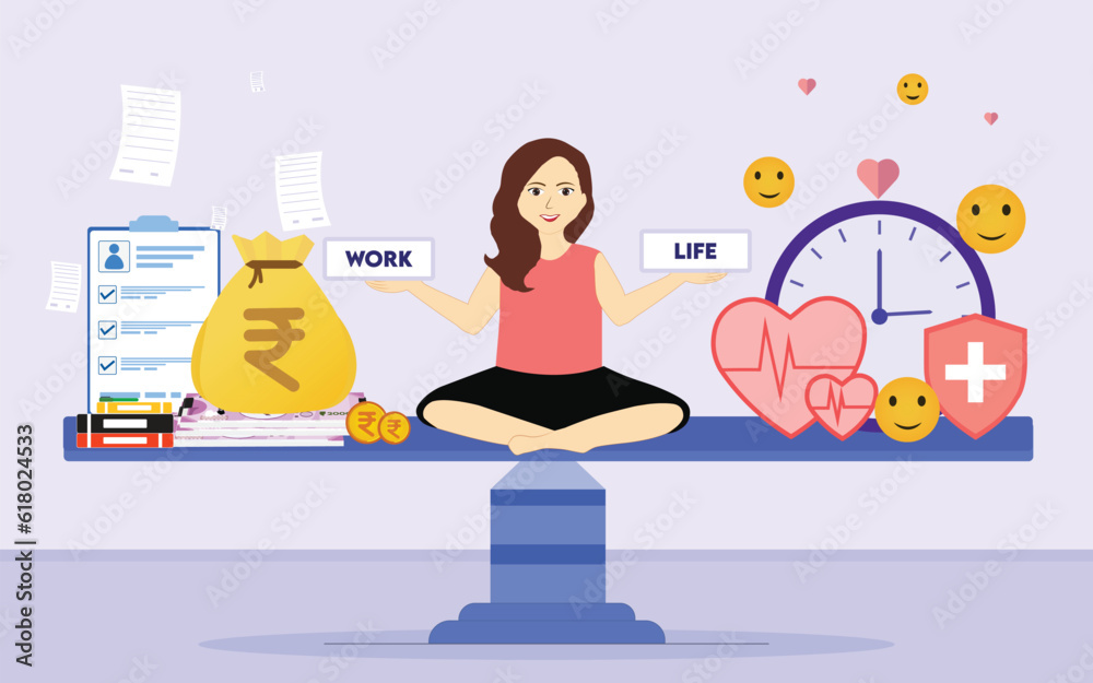 Female Maintaining Work-Life Balance Conceptual illustration with Icons ...