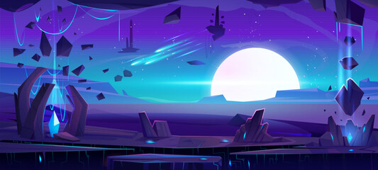 Poster - alien planet surface with crystal in cave. vector cartoon illustration of rocky landscape, moon on h