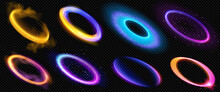 Realistic Set Of Round Light Flares Isolated On Transparent Background. Vector Illustration Of Neon Color Glowing Circles With Smoke, Sparkling Particles, Explosion, Halo Effect. Radial Energy Vortex