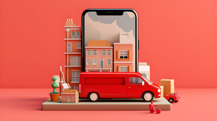 Wall Mural - 3d illustration of delivery truck and city on mobile phone online shopping concept created with Generative AI