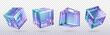 3d crystal light holographic glass cube vector isolated icon. Realistic geometric translucent block shape set with purple hologram refraction on different view. Futuristic gradient material clipart