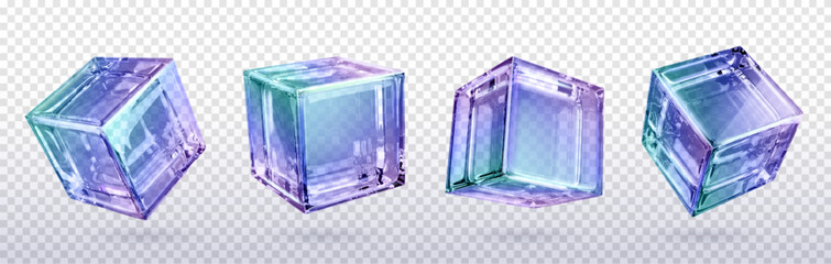 Poster - 3d crystal light holographic glass cube vector isolated icon. Realistic geometric translucent block shape set with purple hologram refraction on different view. Futuristic gradient material clipart