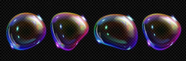 Poster - 3d iridescent fluid glass spectrum foam vector. realistic transparent soap bubble with dreamy neon r