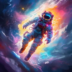 Wall Mural - Soaring astronaut on a colored background. Digital art. Generative AI.