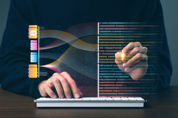 Fototapete - Data scientists analyze and visualize massive data on virtual screens, using AI to process complex data. Big data technology and data science.Data flow.Digital neural network.artificial intelligence