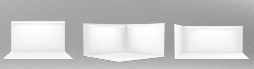 set of realistic 3d booth mockups isolated on transparent background. vector illustration of trade f