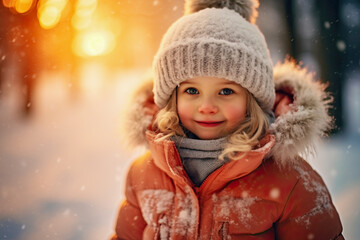 Wall Mural - Cute little girl in winter with snow, cold, snowflakes.