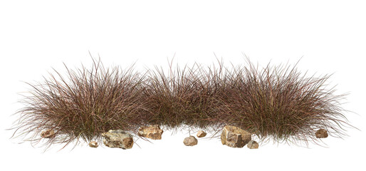 Sticker - Isolate savanna dry grass meadow shrubs with rocks on transparent backgrounds 3d render png