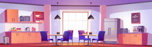 Kitchen Interior Design In Office For Lunch Background. Break Room From Work For Food With Chair, Table, Microwave And Fridge. Indoor Informal Lounge Area In Company For Eating Candy Or Sandwich.
