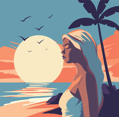 Wall Mural - Vector graphics flat girl on vacation walk by the sea beach palm birds sun sunset gentle pastel palette face portrait of a girl flat style