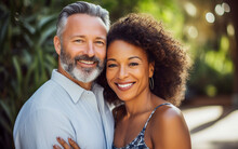 An Mixed Married Couple, Caucasian Husband And African American Wife, Embrace Each Other. Loving And Smiling Looks