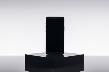 Aufkleber - Empty smartphone on pedestal and light background with mock up place. Product placement, technology presentation concept. 3D Rendering.