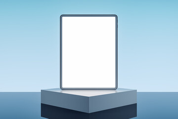 Aufkleber - Empty white tablet on pedestal and light blue background with mock up place. Product placement, technology presentation concept. 3D Rendering.