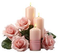 Three Burning Pink Candles And Pink Roses Around. Isolated On Transparent Background. KI.