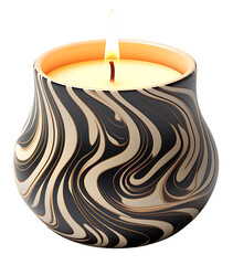 A burning candle in a modern candlestick with a black and white wave print. Isolated on transparent background. KI.