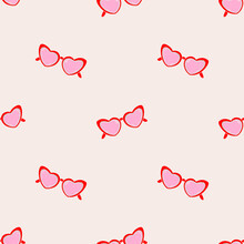 Hand drawn pink heart sunglasses seamless pattern. Textured lino cut style summer illustrations backdrop. Playful cute girly colors wallpaper.