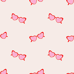 Hand drawn pink heart sunglasses seamless pattern. Textured lino cut style summer illustrations backdrop. Playful cute girly colors wallpaper.