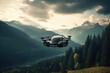 © YouraPechkin - Atmospheric scene featuring a futuristic flying car soaring through the sky. Generative AI