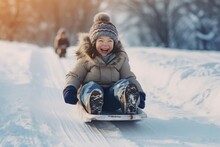 Happy Girl Sledding Outdoors On Clear Winter Day. Generative AI