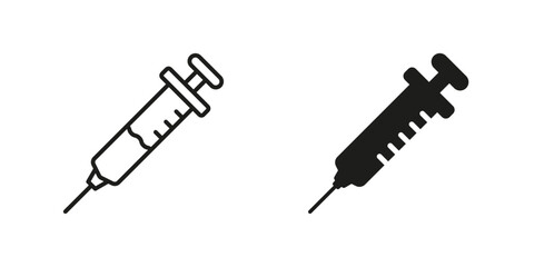 Vaccine Injection Pictogram. Syringe, Needle Line and Silhouette Black Icon Set. Medical Inject Symbol Collection. Healthcare Immunization. Vaccination, Injector Sign. Isolated Vector Illustration