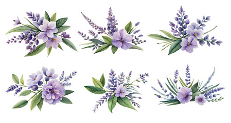 Wall Mural - Watercolor lavender and violet flowers set isolated on transparent background. Generative Ai