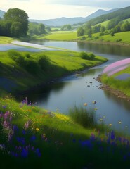  picturesque countryside landscape, with rolling hills, vibrant wildflowers in bloom