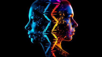 Poster - Concept of biochemistry with dna molecule, Human face, DNA on dark background. Ai generated