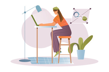 Aufkleber - Design studio concept with people scene in the flat cartoon design. A creative designer works on creating digital projects. Vector illustration.